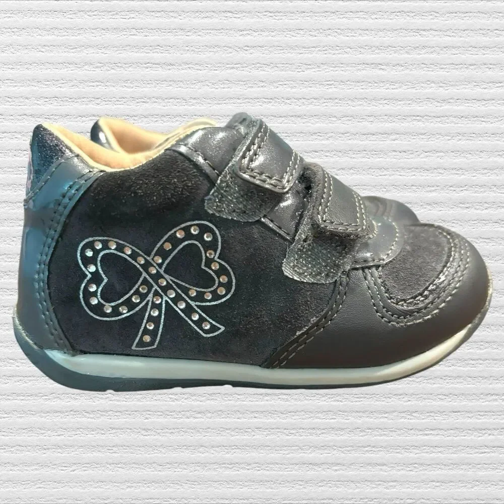 Geox Respira 5.5 Infant Baby  Shoes Trainers Bow Rhinestone Gray Leather